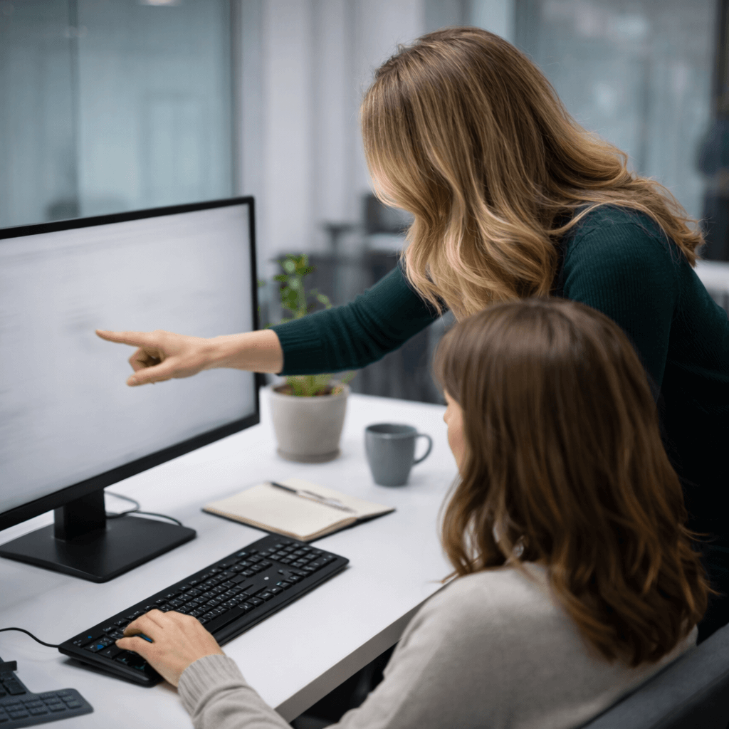 IT technician assisting a user at a desktop computer in an office setting
