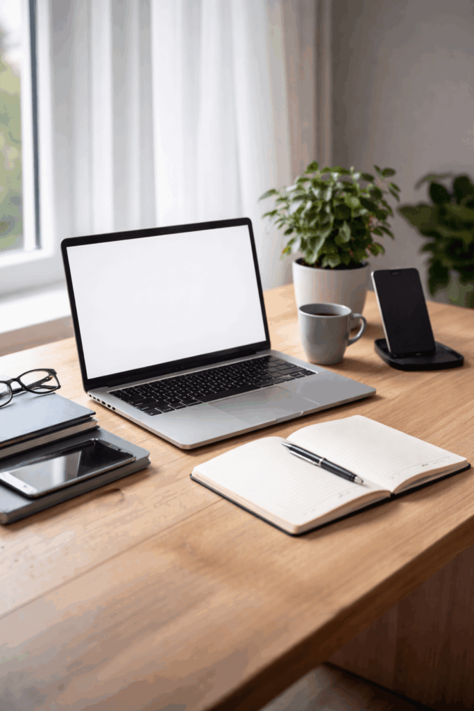 Home Organised workspace with laptop and digital tools, representing calm and reliable IT support